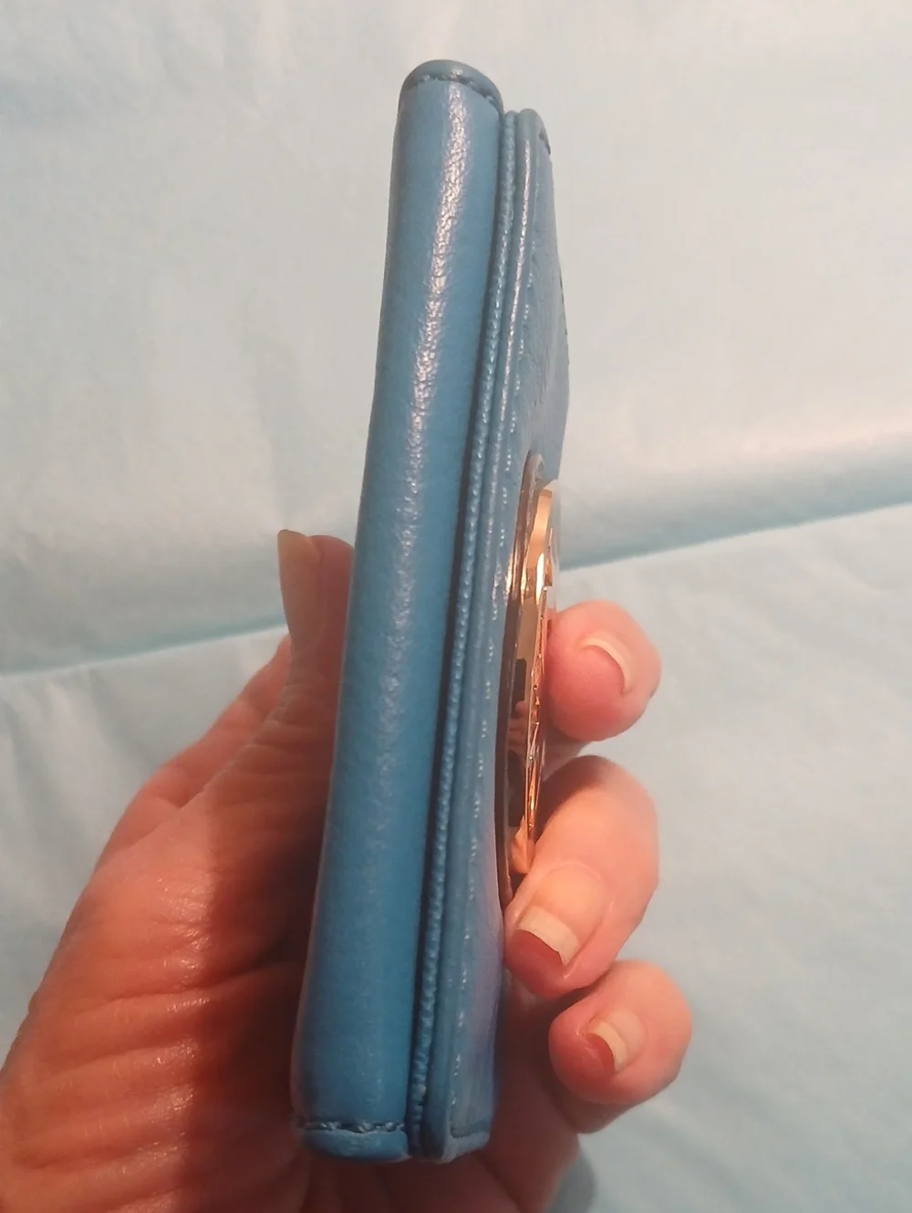 Michael Kors Blue Pebbled Leather Rose Gold MK Logo Flap Card Case Mini Wallet